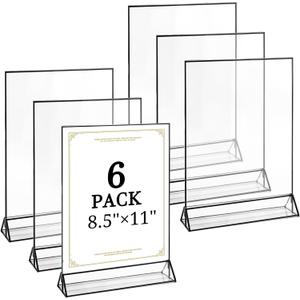 Floroom 6 Pack 8.5x11 Inch Clear Acrylic Sign Holders, Double-Sided Black Display Stand Picture Frames for Table Numbers, Menus, Flyers, Weddings, and Offices