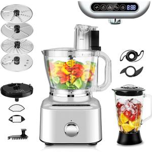 Homtone 16 Cup Food Processor, Aluminum-Diecast Large Food Processor& Blender Combo, 5 Preset Modes & Stepless Speed Control, 8 Blades 11-in-1 for Home Use, 650W, Sliver (Silver)