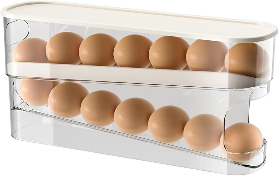 Auto Rolling Egg Holder for Fridge, Egg Dispenser/ Organizer/ Storage/ Container with Lid for Refrigerator, Sturdy and Durable Space-Saving Egg Tray for 12 Large Eggs