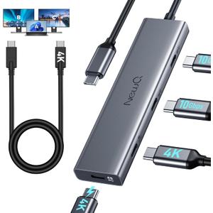 USB C Video Splitter Dual Monitor, 4-Port USB-C 3.2 Gen 2 10Gbps Hub,for USBC PD Monitor, Type C Monitors, Portable Screen, DP Alt 4K@30-60Hz, 100W PD, for Win/Chrome Laptop, AR Glasses, Game Console (Grey)