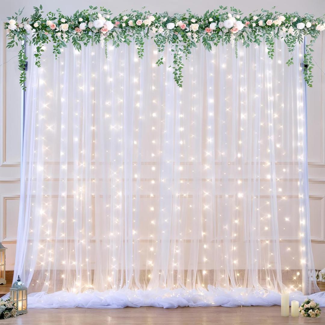 10ft x 10ft White Tulle Backdrop Curtain with Lights String for Parties Wedding Bridal Shower Sheer White Curtain Backdrop for Birthday Baby Shower Photo Booth Background Decorations 10ft x 10ft White Tulle Backdrop Curtain with Lights String for Parties Wedding Bridal Shower Sheer White Curtain Backdrop for Birthday Baby Shower Photo Booth Background Decorations