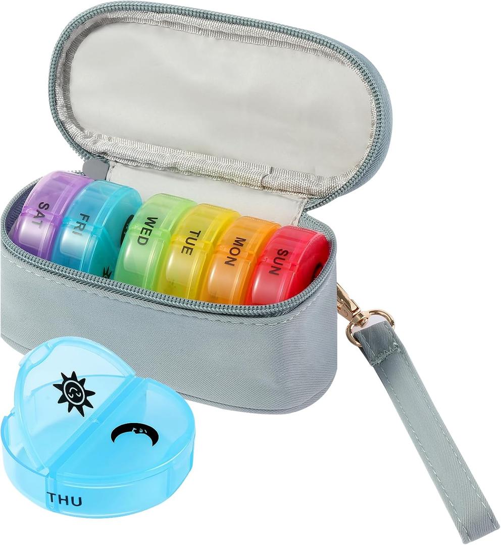 Weekly Pill Organizer 2 Times a Day, Travel Pill Box 7 Day with Large Opening, Pill Case with Handle, Pill Dispenser Medicine Organizer for Vitamins, Fish Oils, Medications, Supplements (Grey, Small)