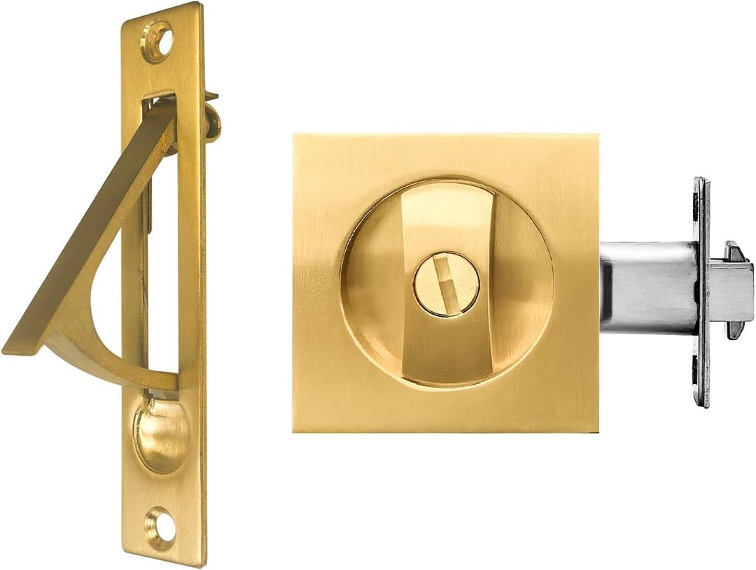 Gold Pocket Door Lock with Edge Pull - Recessed 2 Sided, 2 3/8" Backset, Suitable for Bathroom, Bedroom etc - Invisible Hardware for 1 3/8" to 2 3/16" Thickness Door