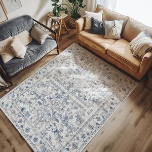 jinchan 5x7 Machine Washable Area Rugs - Vintage Floral Stain Resistant Low Pile Ultra-Thin Non Slip Accent Rug for Bedroom Living Room Kitchen Dining Room Entryway (5x7ft,Blue)