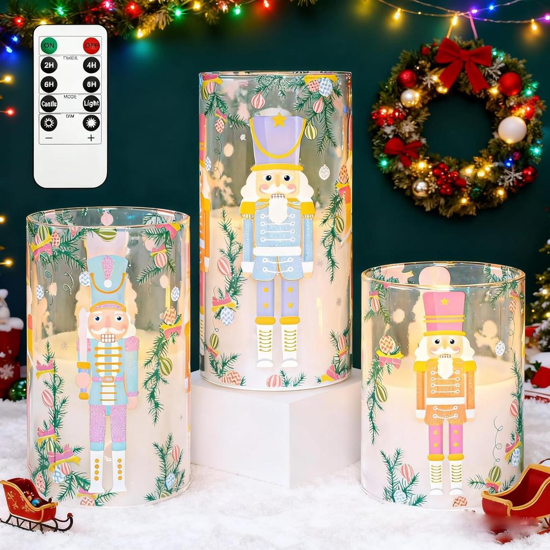 Flameless Candles with Remote, Christmas Nutcracker Candy-Colored Glass LED Pillar Candles, Battery Operated Flickering Flameless Candles for Holiday Decor, Xmas Tree Decorations