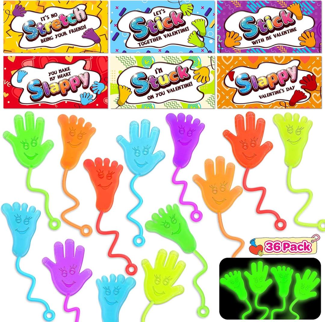 Shyling 36 Pack Valentines Day Cards for Kids School with Glow In Dark Sticky Hands Feet, Valentines Day Gifts for Kids Classroom, Slappy Fidget Toy, Valentine Party Favors Exchange Prizes Gift