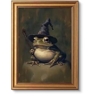VIYYIEA Vintage Gold Framed Wall Art for Living Room, Wizard Frog Canvas Prints Home Decor, Halloween Gothic Painting Picture, Bedroom Wall Decor Gifts for Friends or Family -(16L x 12W)
