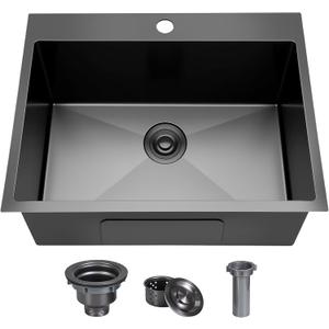 24x18 Inch Black Drop in Kitchen Sink, 9 Inch Deep Gunmetal Black 16 Gauge SUS304 Stainless Steel Top Mount Bar RV Laundry Utility Sink, Handmade Single Bowl Small Kitchen Sink with Strainer, 24x18x9inch Drop in