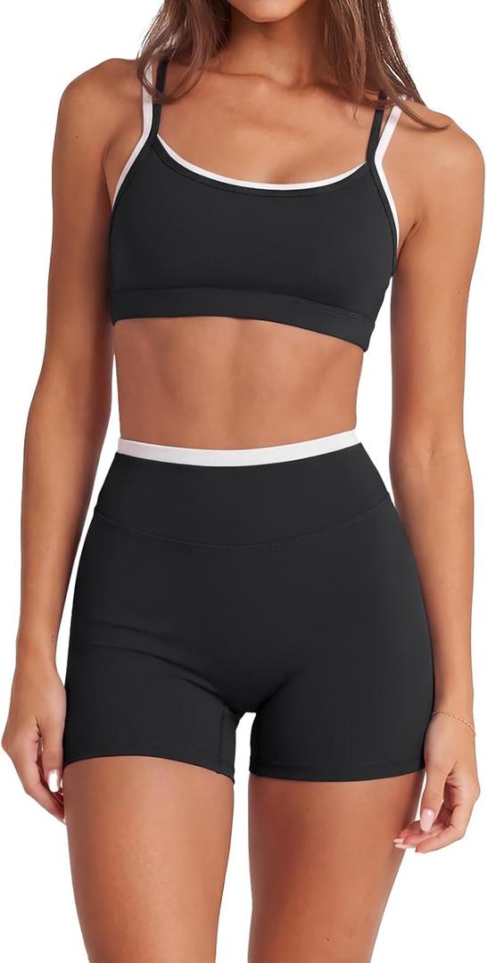 SUUKSESS Women 2 Pieces Workout Sets Padded Spaghetti Straps Camis High Waist Biker Shorts (Black, M)