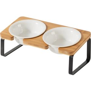 Elevated Ceramic 9.5oz Cat Bowls, 15 Tilted Raised Food Water Dishes with 2 Heights Adjustable Solid Stand, Anti Vomiting Feeder Set for Cats & Small Dogs (Double Bowls+Stand,White)