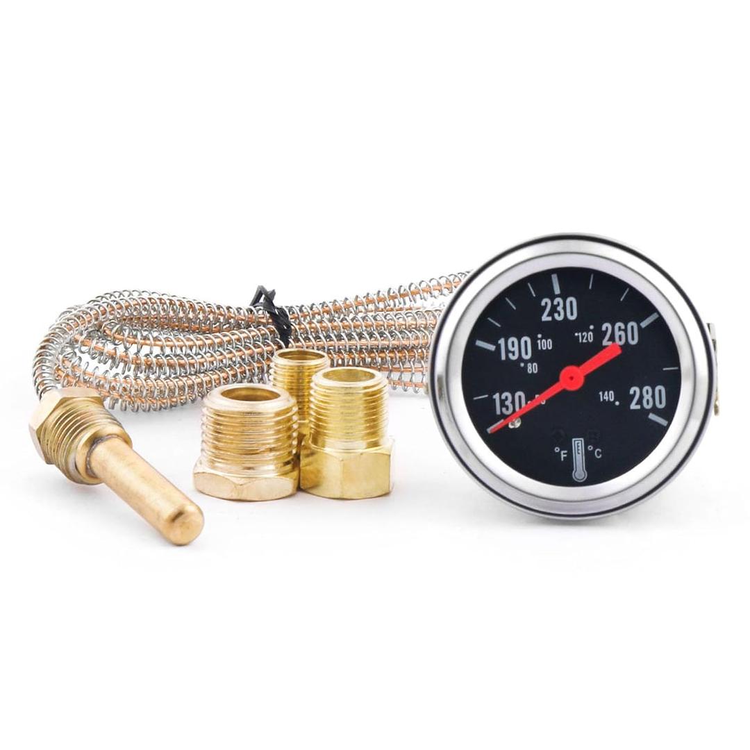 Dyno Racing 2" 52mm 12V Pointer Mechanical Water Temperature Temp Gauge (50-140,130-280),Yellow Light Car Meter with Sensor NPT 1/2, NPT 3/8, NPT 1/4, 1.8m Wire Length