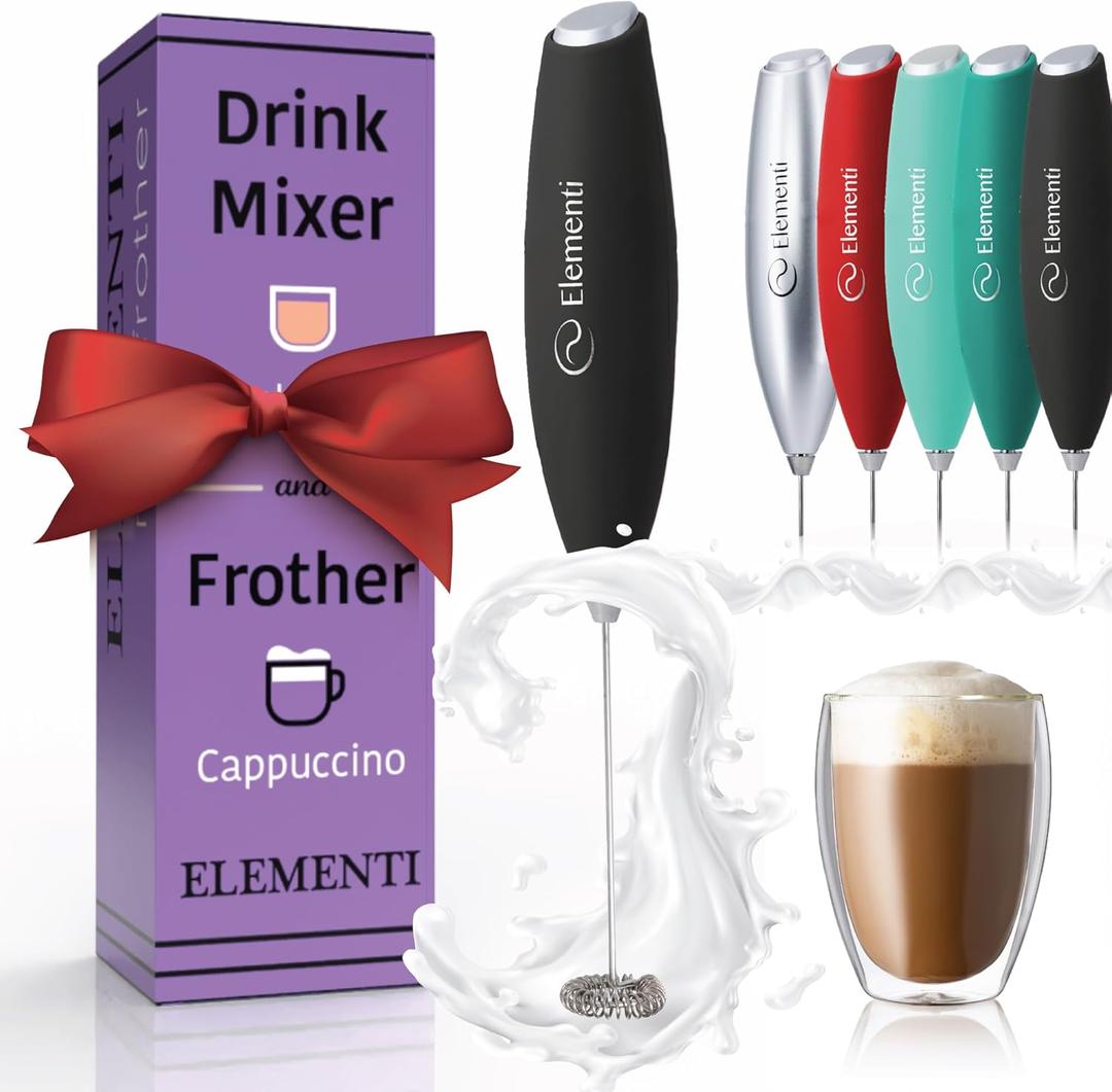 Elementi Drink Mixer Handheld - Electric Stirrer and Powerful Protein Powder Mixer Wand, Easy-to-Use Mini Frother Wand for Quick Delicious Cocktails, Milk Frother and Coffee Stirrers (Black)