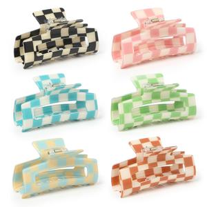 Checkered Multicolored Rectangle Y2K Hair Barrettes and Claw Clips - 6 Pcs Strong Hold Hair Accessories for Thin & Thick Hair (Black Plaid)
