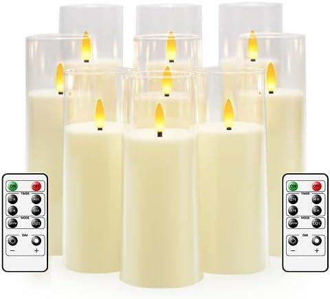 kakoya Flickering Flameless Candles Battery Operated with Remote and 2/4/6/8 H Timer Plexiglass Led Pillar Candles Pack of 9 (D2.3"xH 6"7"8")with Realistic Moving Wick Candles for Home Decor(Ivory)