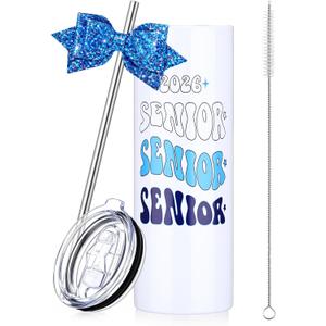 Hushee Class of 2026 Senior Night Gift 20 oz Graduation Tumbler Stainless Steel Insulated Travel Mug and Lid with Straws, Bow Senior 2026 Tumbler Graduation Gift for Her Women Team Coach(Blue)