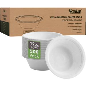 Vplus 500 Pack 12 OZ Paper Bowls Bulk, Disposable Compostable, Eco-friendly Bagasse, Heavy-duty Bowls Perfect for Milk Cereals, Snacks, Salads