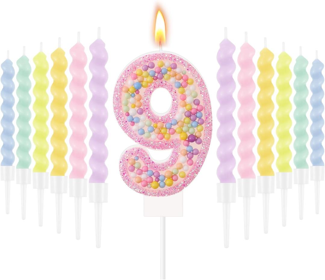 MTLEE Number 9 Birthday Candle with 12 Pcs Spiral Candles for Girls Macaron Pastel Rainbow Unicorn Pink Cake Topper for Sweet Theme Party Decoration