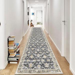 Ileading Hallway Runner Rug 2x10 Vintage Boho Floral Non Slip Longer Kitchen Floor Mat Machine Washable Carpet Non-Shedding Soft Faux Wool Throw Rug for Entryway Bedroom Livingroom(Grey&Brown)