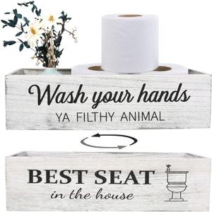 Bathroom Decor Box, Toilet Paper Basket With 2 Sides Signs, Farmhouse Tank Topper, Rustic Home Decor for Livingroom Kitchen (One Whitewashed Box)