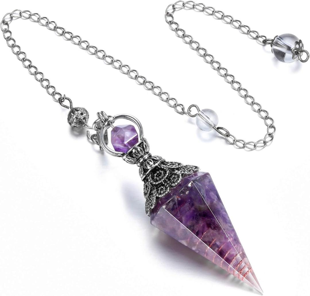 GEHECRST Natural Amethyst Healing Crystal Dowsing Pendulum Reiki Gemstone Chips Orgone Pendulum 6 Faceted Hexagonal Pointed Resin Spiritual Pendant for Divination, Wicca, Energy Balancing