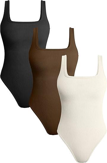 Women's 3 Piece Yoga Ribbed One Sleeveless Tummy Control Top BodySuit, Black Coffee Beige, Medium