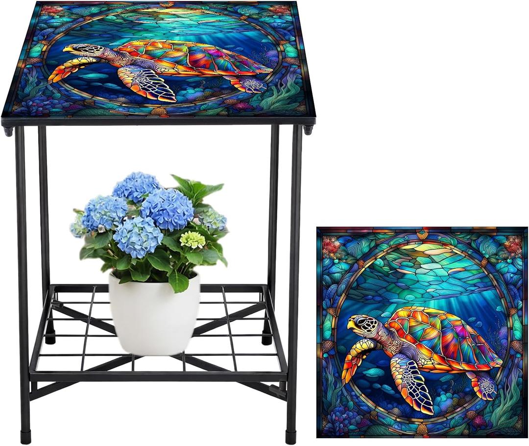 Cinnvoice Outdoor Side Table 2-Tier Storage Square Small Mosaic Patio Accent Indoor End Plant Coffee Tea Table for Yard Patio Porch Garden Living Room, Bedroom(Turtle Style)