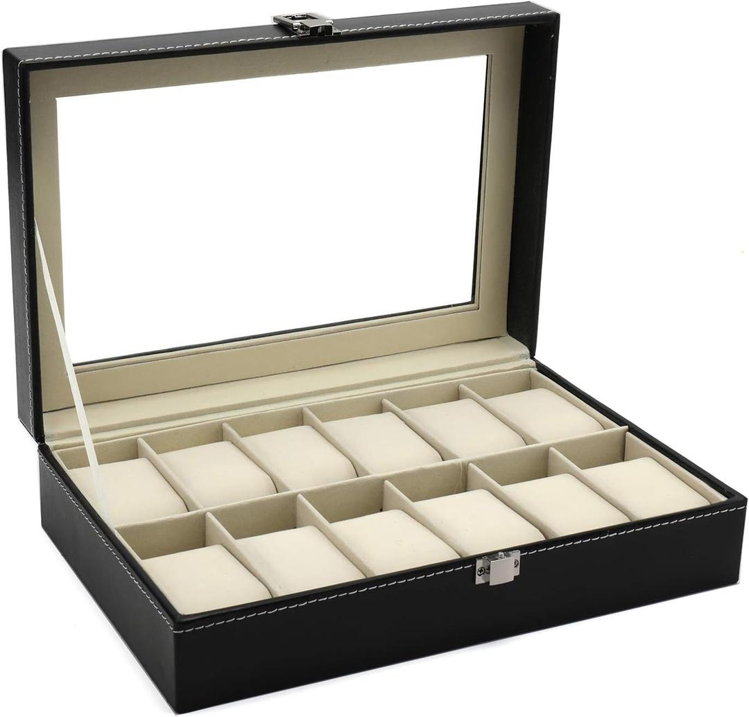 Hedume 12 Slot Leather Watch Box Display Case Organizer with Framed Glass Lid Elegant Contrast and Removable Pillow for Men and Women Watch and Jewelry Large Holder Boxes