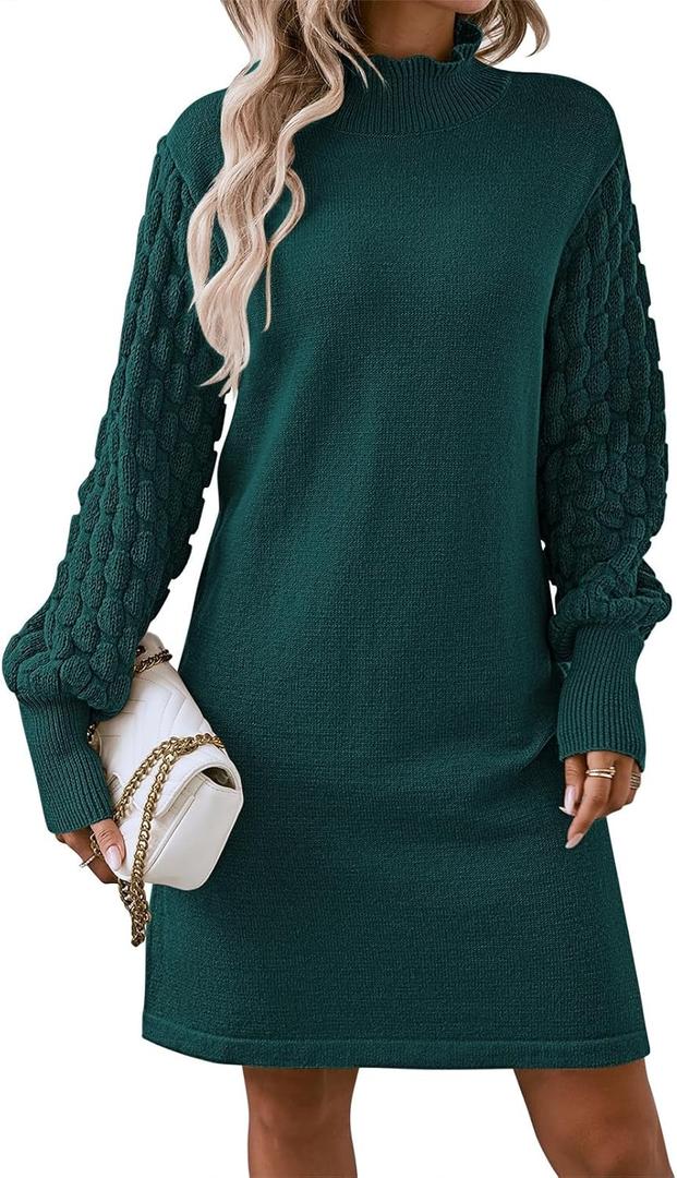 Sovoyontee Women's 2025 Fall Long Sleeve Mock Neck Sweater Dress Casual Loose Ribbed Knit Mini Short Pullover Dresses (Green, L)
