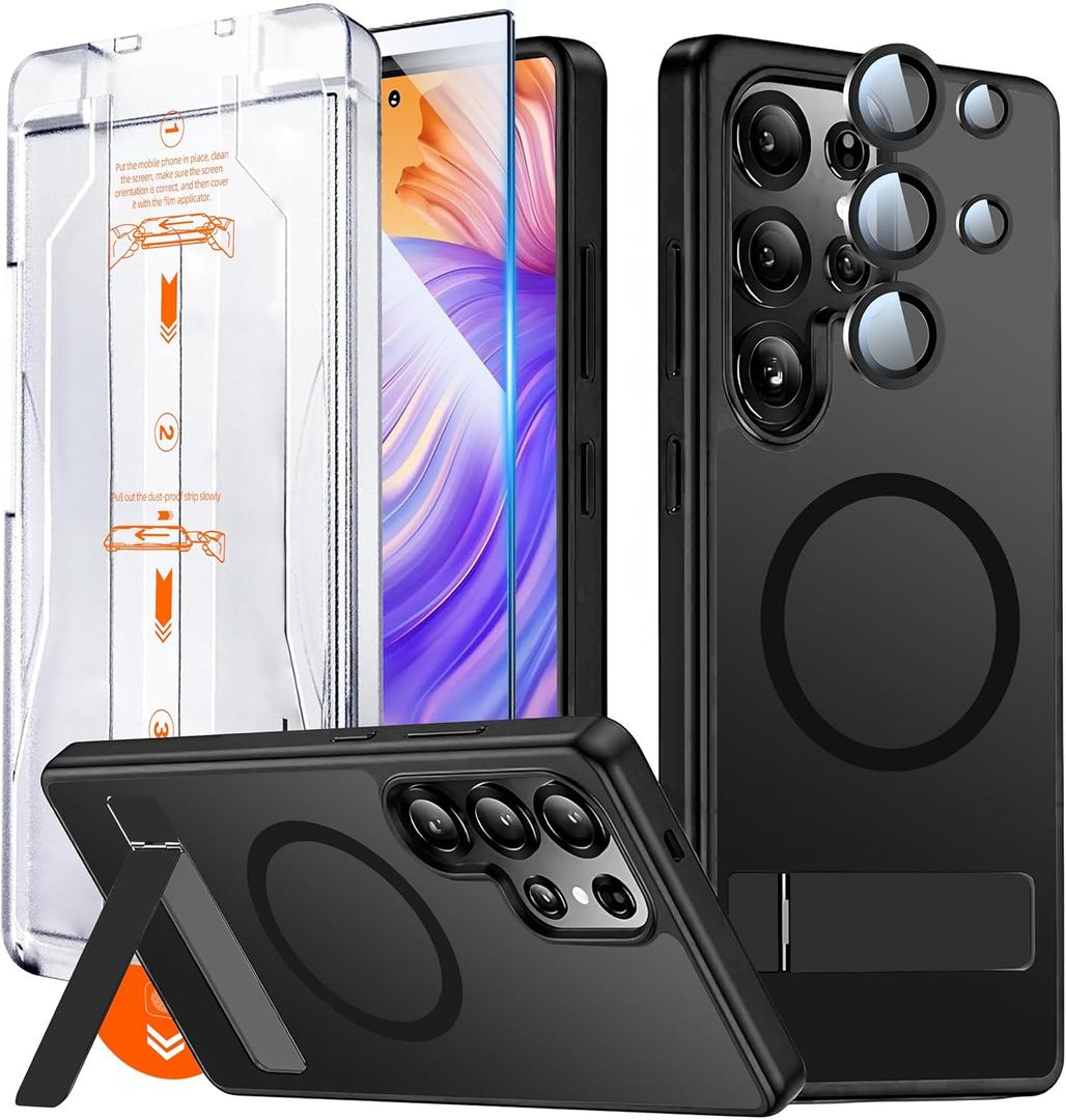Strong Magnetic for Samsung Galaxy S24 Ultra Case with Screen Protector + Lens Protector, Fit for MagSafe,Mil-Grade Drop Protection, Seamless Stand, Translucent Black