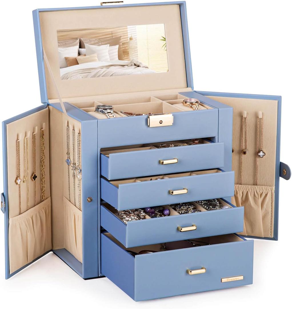 Homde Synthetic Leather Huge Jewelry Box Mirrored Watch Organizer Necklace Ring Earring Storage Lockable Gift Case (Grey Blue + Gold)