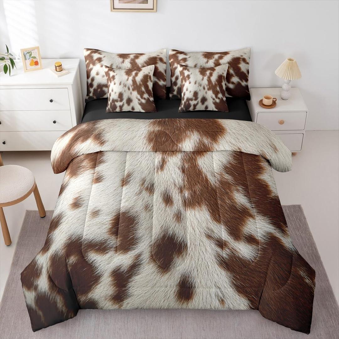 Erosebridal Cowhide Comforter Set Cow Print Bed in A Bag Full Size 7 Pieces Farmhouse Animal Hair Skin Bed Set Room Decor Western Cowboy Rustic Bedding with Sheets