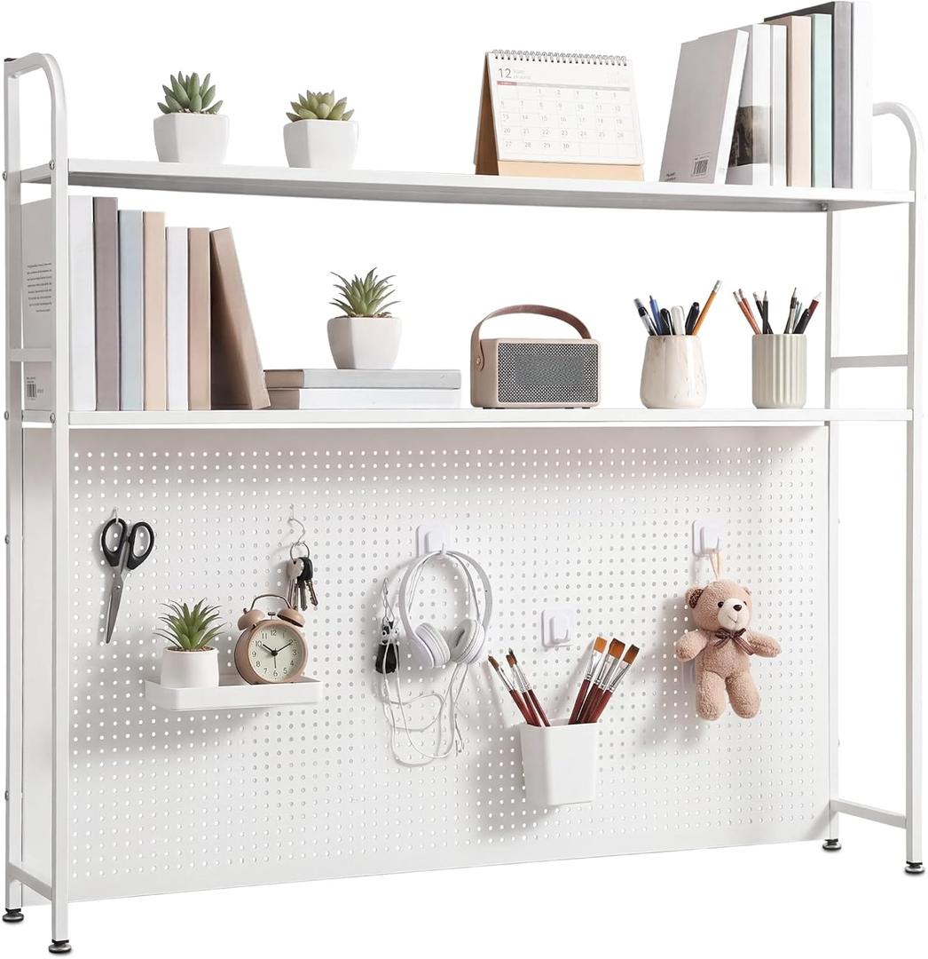 Leinuosen Desk Hutch for Dorm Bookshelf with Pegboard 2 Tier Desktop Countertop Storage Metal Hutch Organizer Display Rack with Hooks for Home Office College Dorm