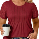 Plus Size Shirts for Women Summer Lace Short Sleeve Tees Workout Pleated Tops Casual Tunics Rust Red 2XL