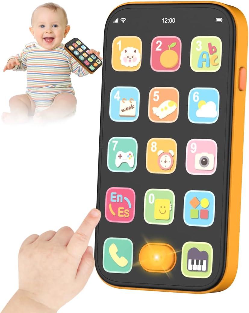 Bilingual Baby Phone Toy Phone for Toddler 1-3, Fun Early Learning Musical Baby Toys for 6-12 Months with Sounds and Light, English/Spanish, Gift for 1 Year Old Boys Girls Kids Infant, Orange