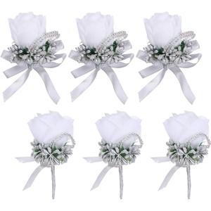 uxcell 3 Wrist Corsage and Boutonnieres Set Handmade Corsages for Wedding, White/Silver