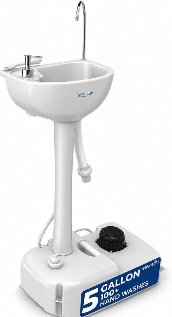 SereneLife Portable Hand Washing Station, 100+ Hand Washes, Hands-Free Foot Pump, Soap Dispenser, and Drain Hose, Ideal for Outdoor Events, Camping, Boating and Worksites, 19L