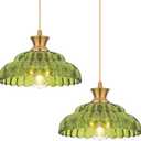2Pack Glass Pendant Lights, 11.8" Vintage Lighting Green Glass Light Fixtures Brushed Gold Modern Green Chandelier Hanging Ceiling for Kitchen Island Dining Room Restaurant Foyer Entryway (12in/2PC)