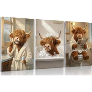 3Pcs Funny Bathroom Highland Cow Canvas Wall Art Animal Bathroom Paintings Pictures Wall Decor Rustic Farmhouse Brown Cute Cow Poster Printing Artwork for Restroom Toilet Home Decoration