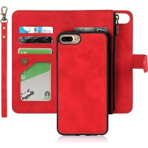 iCoverCase for iPhone 8 Plus/7 Plus/6s Plus/6 Plus Wallet Case with Card Holder and Wrist Strap, PU Leather Kickstand Card Slots Magnetic [Detachable] Flip Cover Case 5.5 Inch (Red)