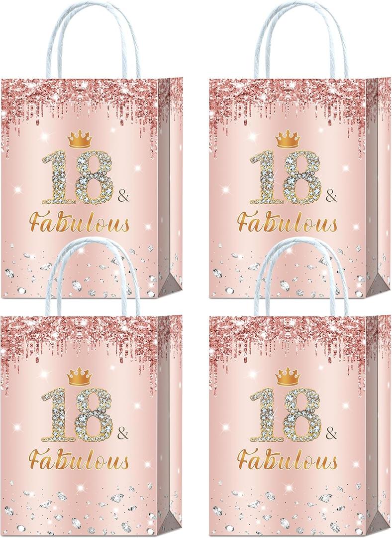 Brattol 16 Pieces Rose Gold 18 & Fabulous 18th Birthday Party Favors Bags,Happy 18th Birthday Girl Gift Snacks Treat Candy Favors Bags with Handles for Girls 18th Birthday Party Decorations