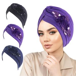 SJTYDX 3Pcs Flower Turban Hats for Women Solid Headwear Ruffle Pre Tied Beanie Hijab Undercap Chemo Cancer Hair Wrap Caps