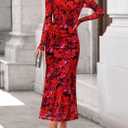 ZESICA Women's Long Sleeve Floral Maxi Dress 2026 Fall Off Shoulder Bodycon Ruched Mesh Cocktail Wedding Guest Dresses (Red, L)