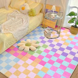 Multicolored Checkerboard Bedroom Rug Washable Ultra Thin Retro Funky Aesthetic Cute 4x6 Area Rugs for Living Room Nursery Kitchen Entryway Dorm, Pastel Colorful Checkered Geometric Carpet (Blue and Pink)