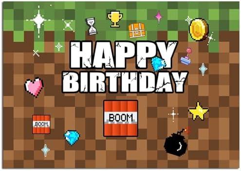QGHOT Pixel Backdrop Happy Birthday Party Decoration 7x5Ft Video Game Themed Banner Gaming Gamer Photo Background for Kids Boy Cake Table Supplies Favors