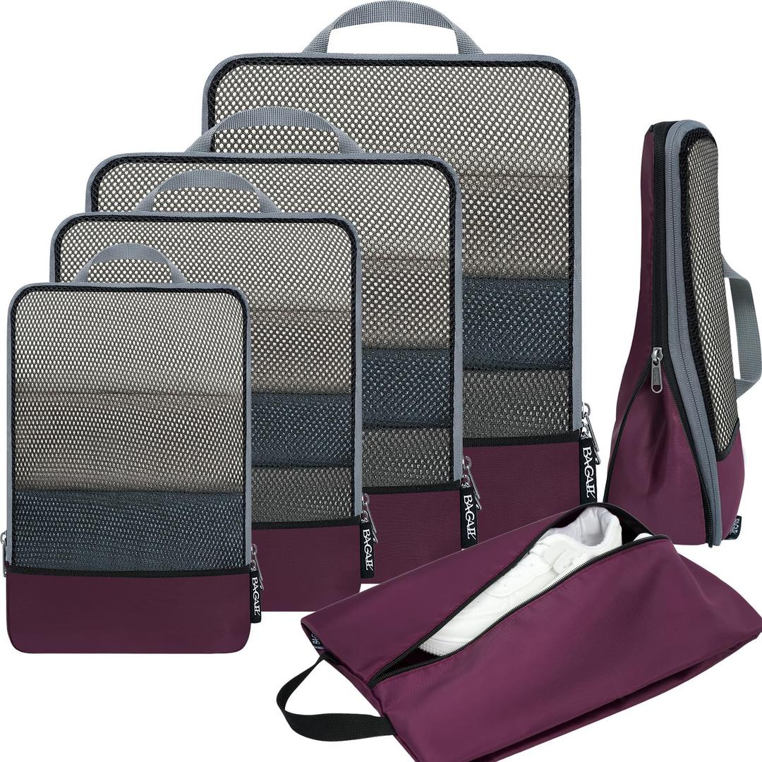 BAGAIL 4 Set/6 Set/8 Set Compression Packing Cubes Travel Accessories Expandable Packing Organizers (Half Mesh, 6-Burgundy)