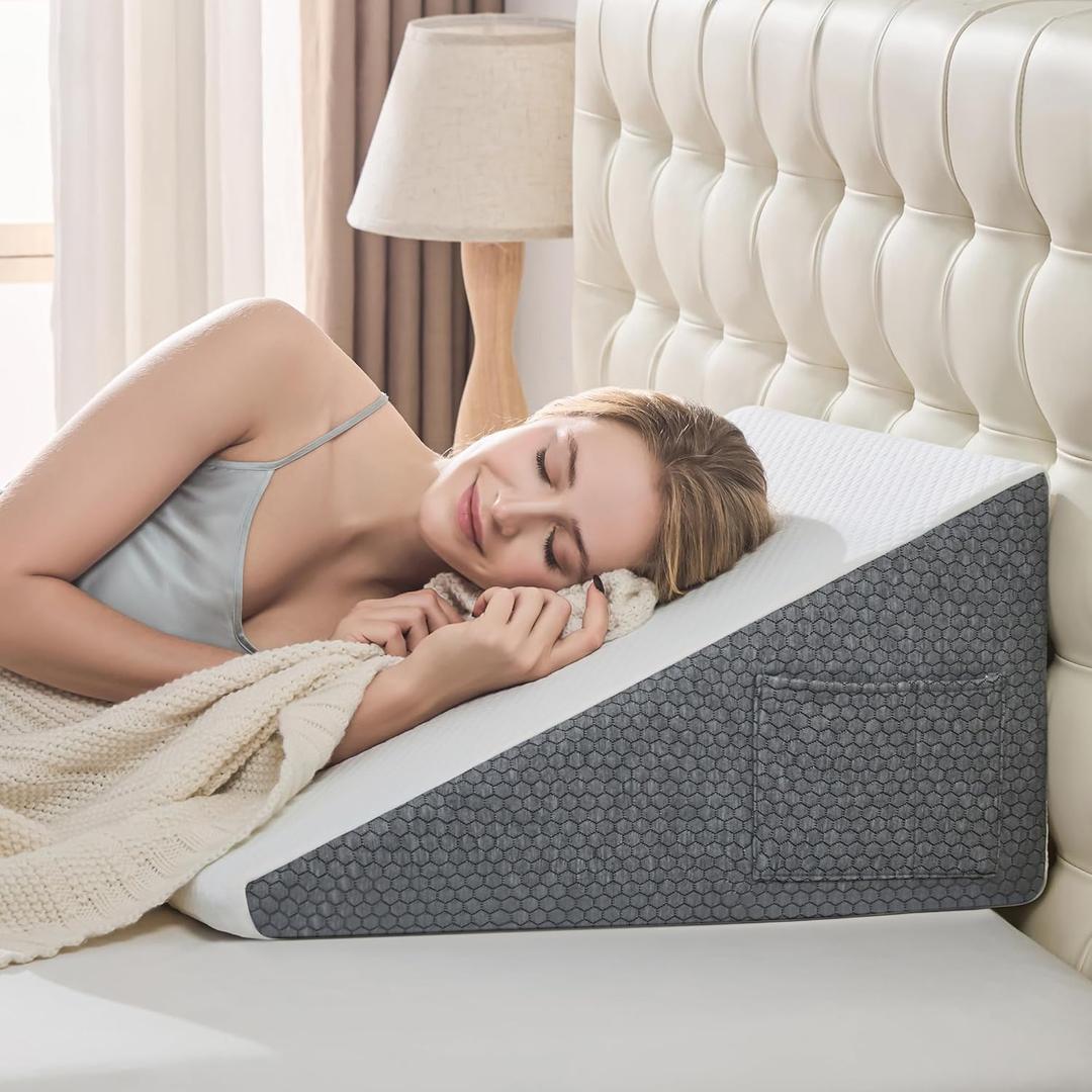 Yojoker Wedge Pillow for Sleeping - 12 Inch Bed Wedge for Headboard Triangle Pillow, Memory Foam Wedges for Acid Reflux, GERD, Snoring, Post Surgery Back Pain Relief, Leg Elevation, Washable Cover (Grey & White)