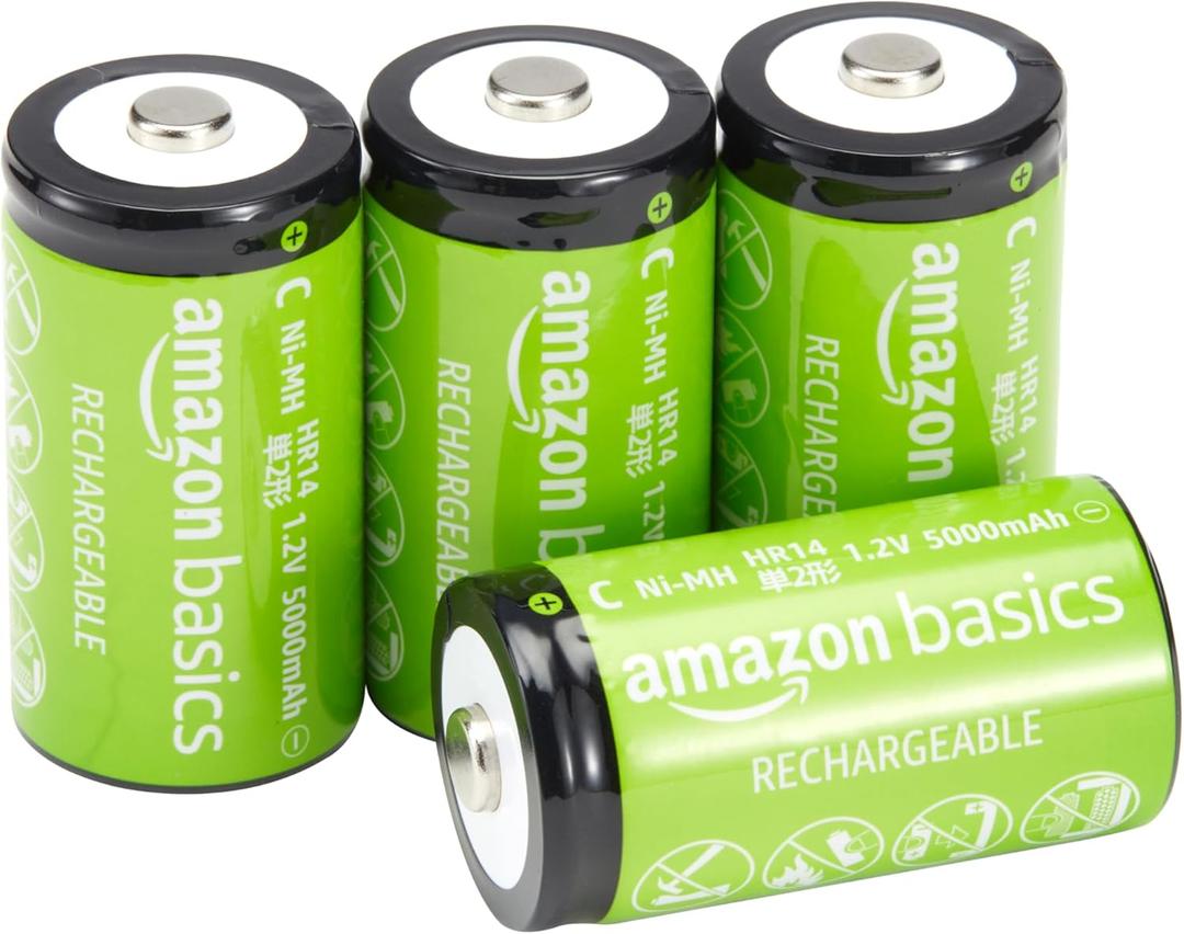 Amazon Basics Rechargeable C Cell Batteries, 4-Pack, NiMH, 5000 mAh, Recharge up to 1000x Times, Pre-Charged