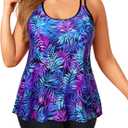Plus Size Tankini with Shorts - Women Two Piece Swimsuits Bathing Suit Scoop Neck Flowy Swimwear 2025 (Blue Purple Leaves), Size 22W