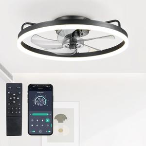 Ceiling Fans with Lights, Flush Mount Ceiling Fan with Light and Remote, 19.7" Low Profile Ceiling Fans, Modern LED Ceiling Fan,Smart Black Fandelier Light for Bedroom