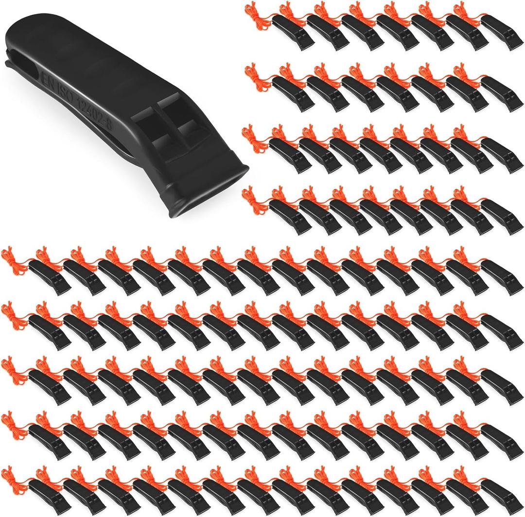 100 Pieces Emergency Whistles with Lanyard Safety Survival Whistles Loud Blast for Safety Camping Hiking Boating Hunting Survival Rescue Signaling (Black)